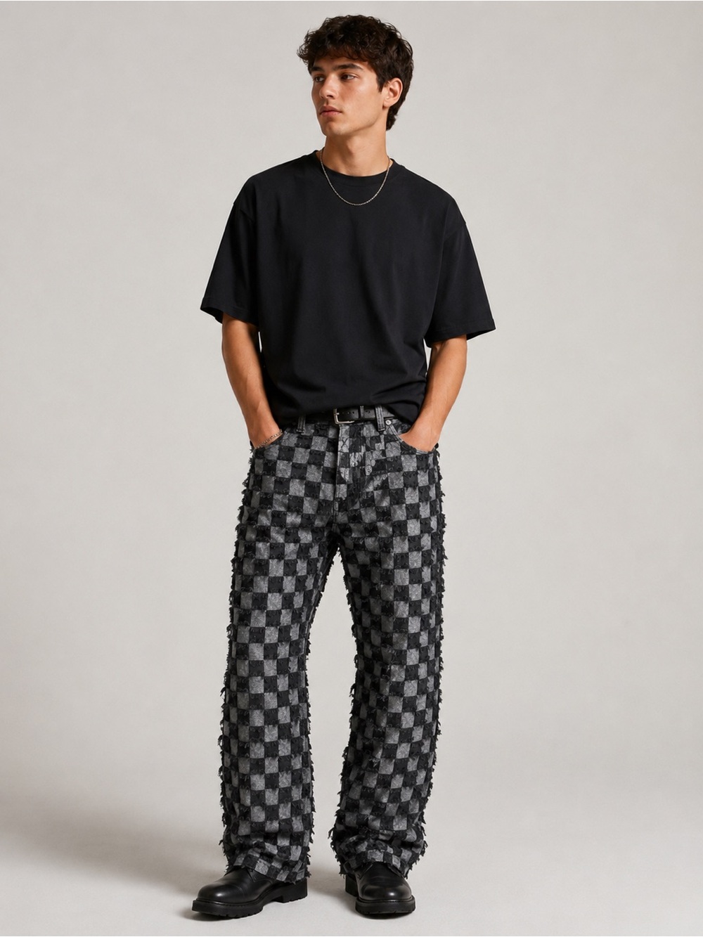 Ajobyajo Men's Checkered Frayed Chinos - Black & Gray